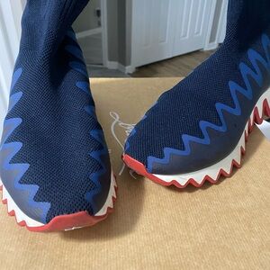 Christian Louboutin Navy Blue Sock Sneakers with Red and White Accents
